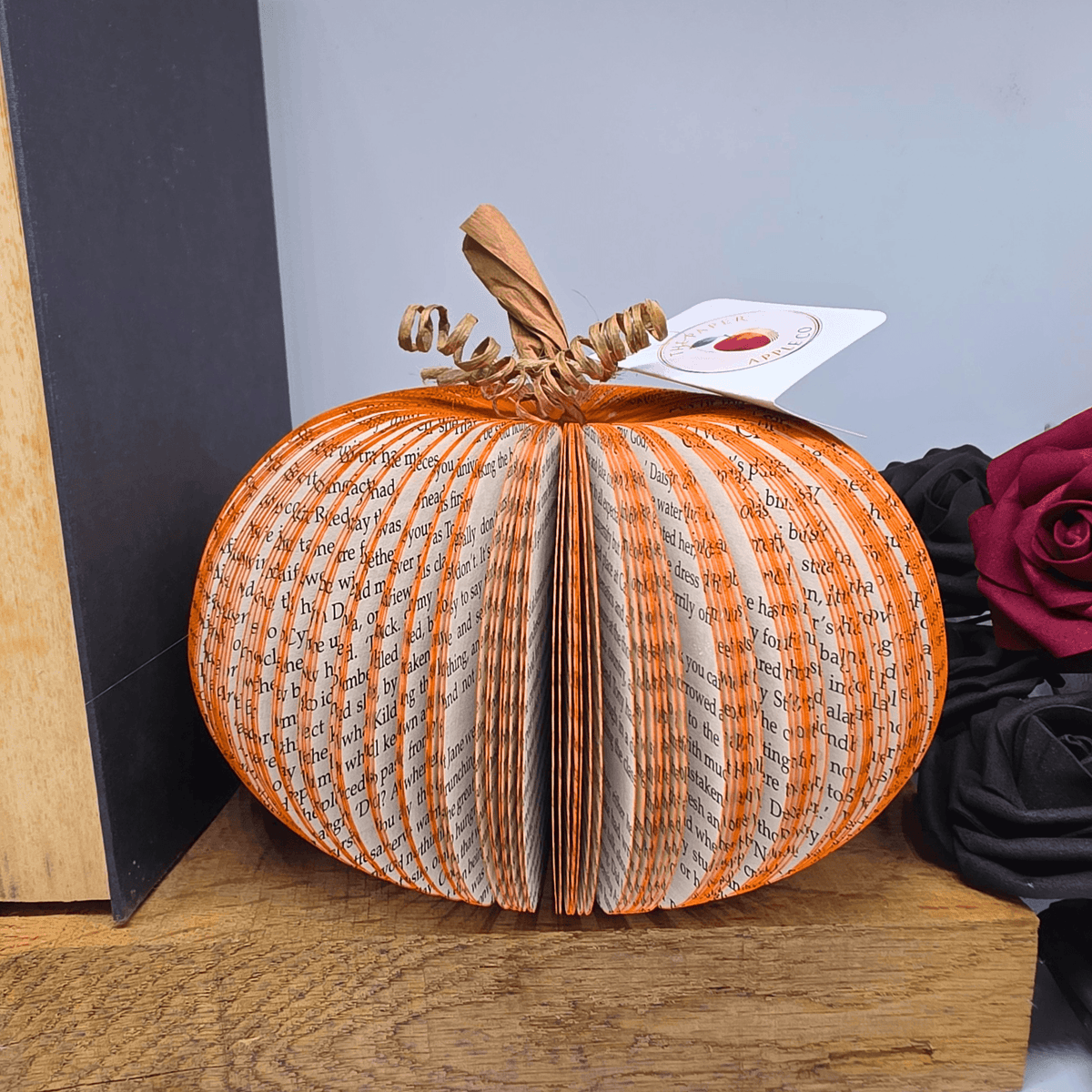 Medium handmade book pumpkin Halloween decoration with The Paper Apple Co gift tag