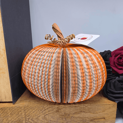 Medium handmade book pumpkin Halloween decoration with The Paper Apple Co gift tag