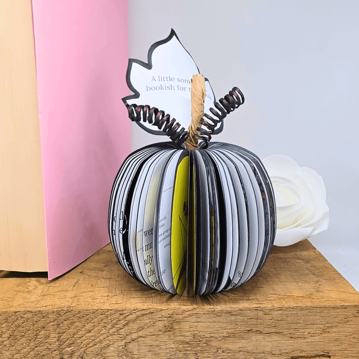 Nightmare Before Christmas black pumpkin book gift displayed on a wooden shelf with personalised leaf message