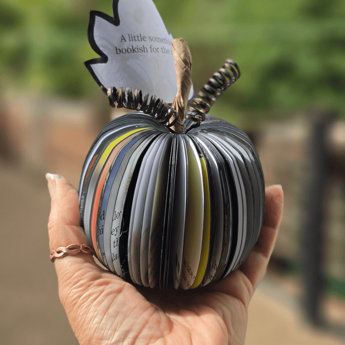 Nightmare Before Christmas black pumpkin book gift held in hand in a garden setting