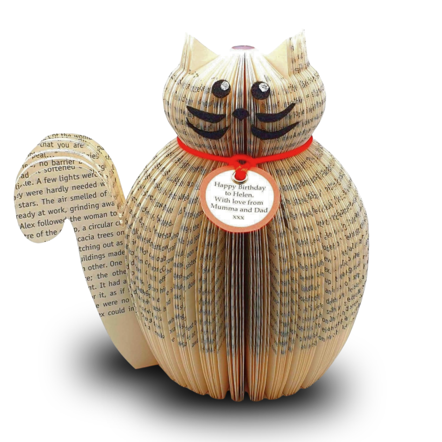 Personalised cat gift handmade from book pages with custom message tag