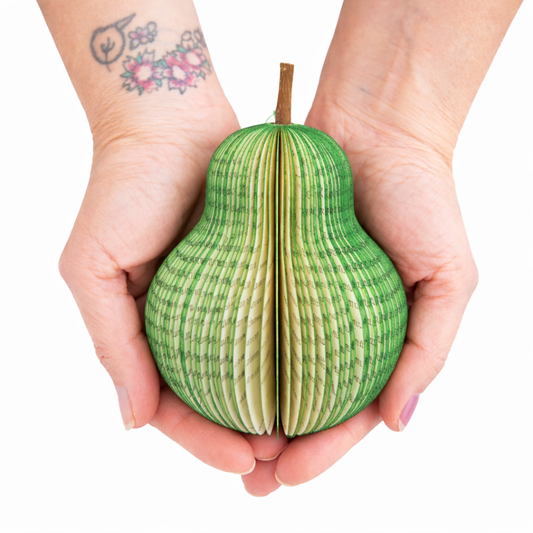 Personalised book pear fruit anniversary gift handmade from reclaimed book pages held in hands