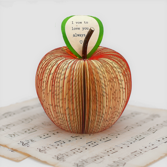 Personalised book apple with song lyrics or wedding vows, handmade from real book pages, unique 4th anniversary gift UK