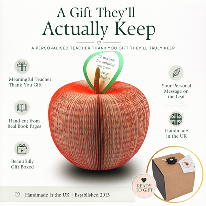 Personalised teacher thank you book apple gift showing handmade features gift box and custom leaf message