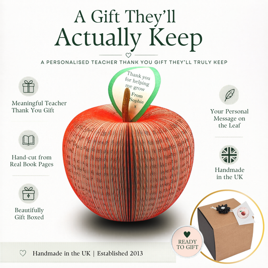 Personalised teacher thank you book apple gift showing handmade features gift box and custom leaf message