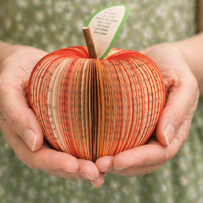 Personalised teacher thank you gift handmade book apple held in hands with custom leaf message
