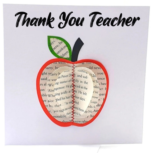 Personalised teacher thank you card with handmade 3D book apple