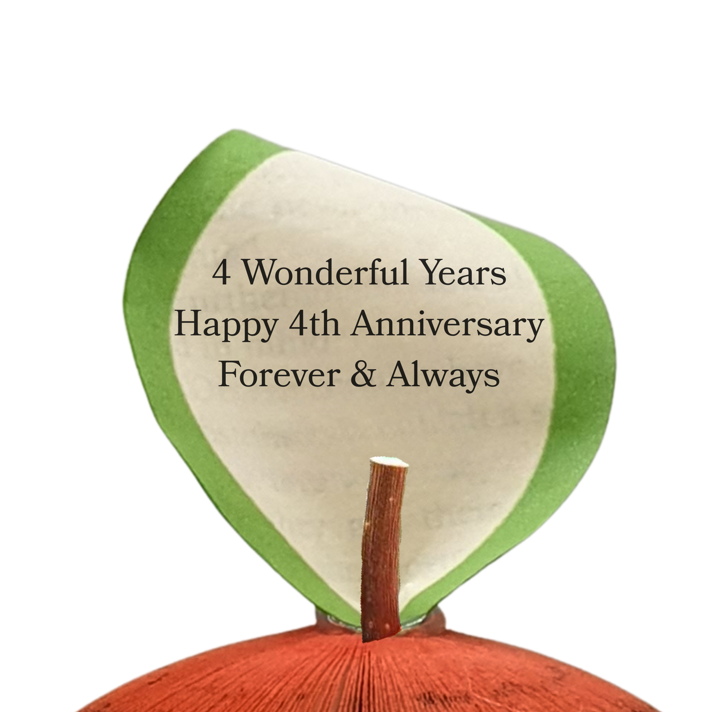 Close up of personalised leaf on handmade orange book page 4th wedding anniversary gift showing custom message example