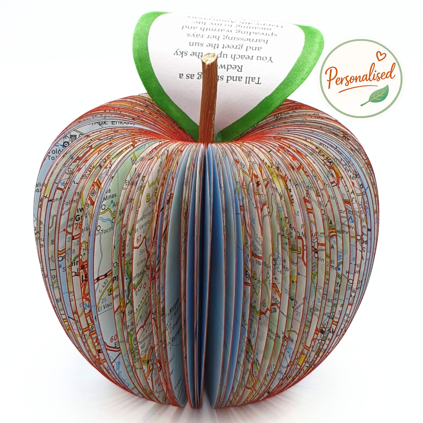 Personalised map apple handmade from real atlas pages unique 4th wedding anniversary fruit gift