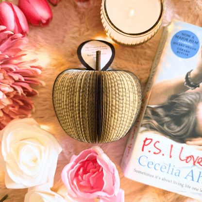 PS, I Love You book apple on neutral background, unique handmade literary gift