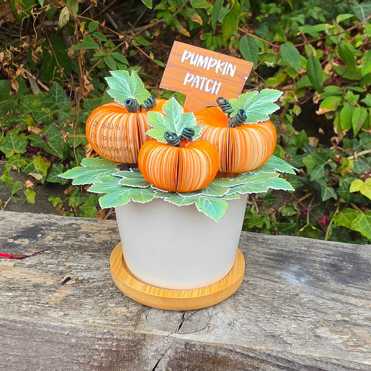 Pumpkin Patch Pot outdoors on a wooden bench, handmade paper pumpkins with card leaves and a Pumpkin Patch sign
