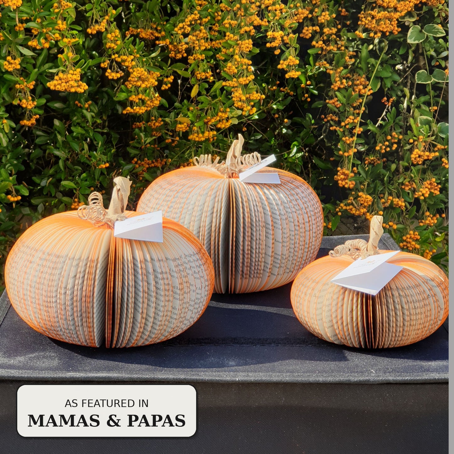 Set of 3 handmade book pumpkins in different sizes, displayed outdoors, as featured in Mamas & Papas
