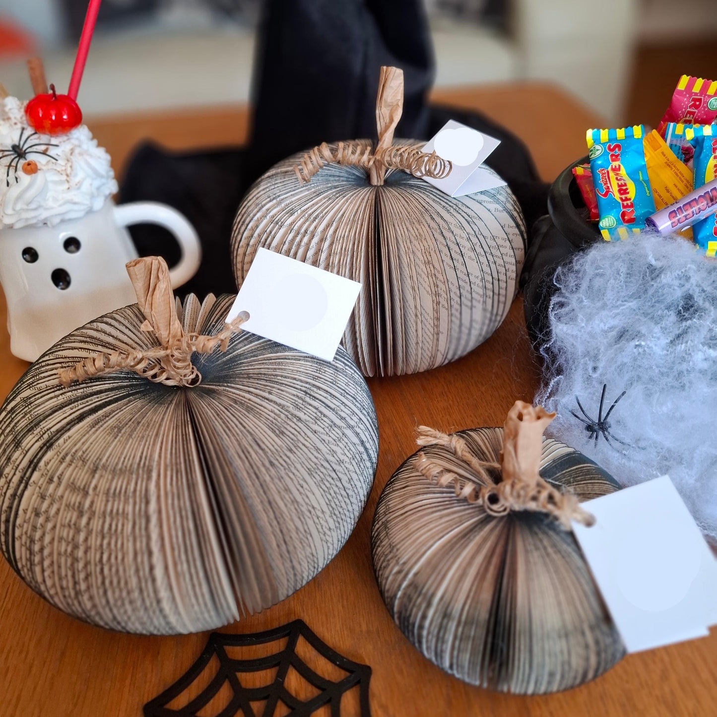 Personalised leaf with custom message on Set of 3 black handmade book pumpkin