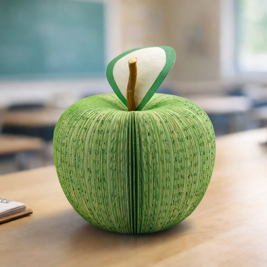 Teacher apple gift made from book pages on classroom desk