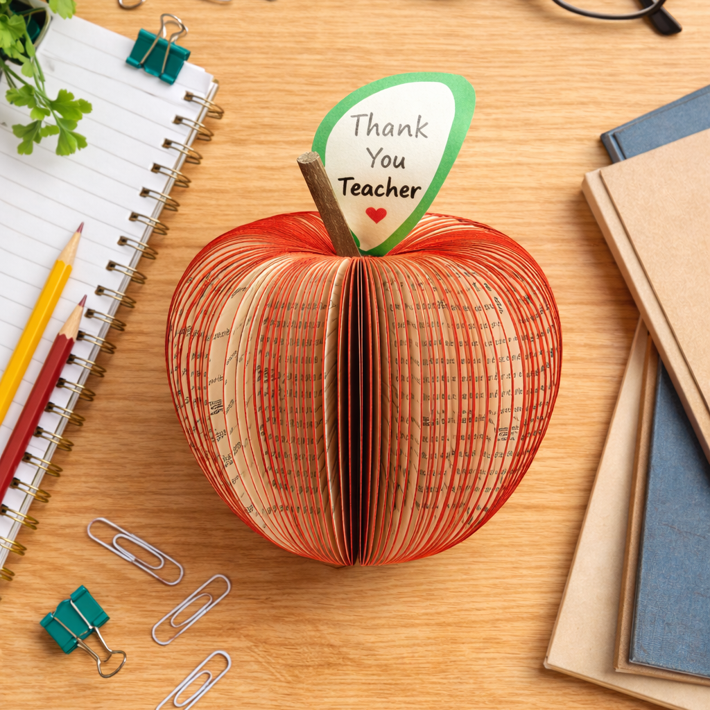 Thank you teacher apple gift handmade from book pages on teacher desk