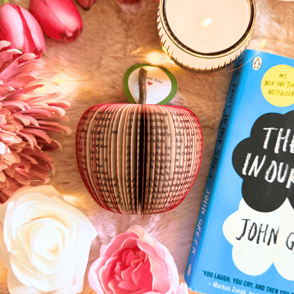 The Fault in Our Stars book apple held in hands to show size, handmade paper anniversary gift