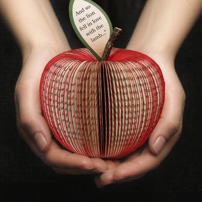 Twilight apple gift held in hands made from real book pages