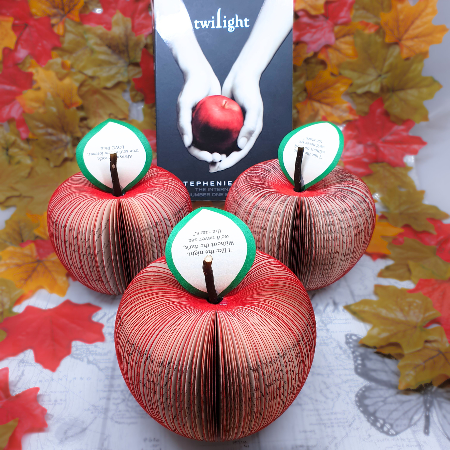 Collection of Twilight Saga book page apples with personalised leaves perfect for anniversary or birthday gift