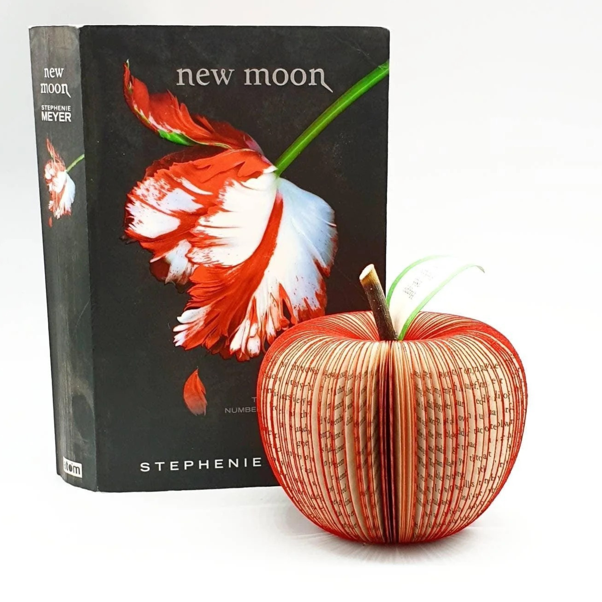 Handmade apple sculpture crafted from real Twilight Saga book pages displayed beside the book