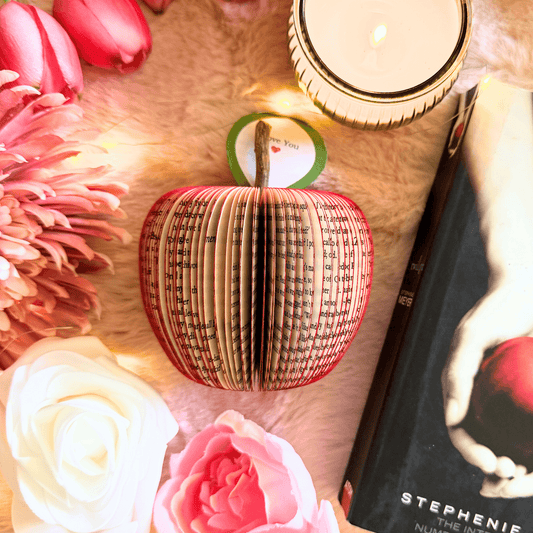 Handmade Twilight Saga book apple with personalised leaf styled with flowers and candle romantic anniversary gift