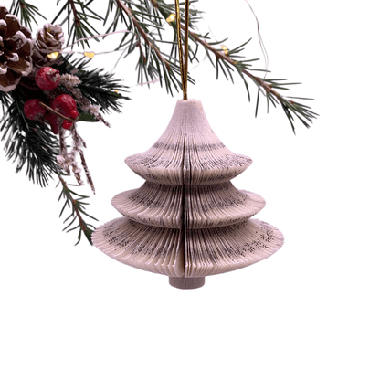 Close-up of Hanging Christmas Tree hanging tree decoration showing hand-cut book pages