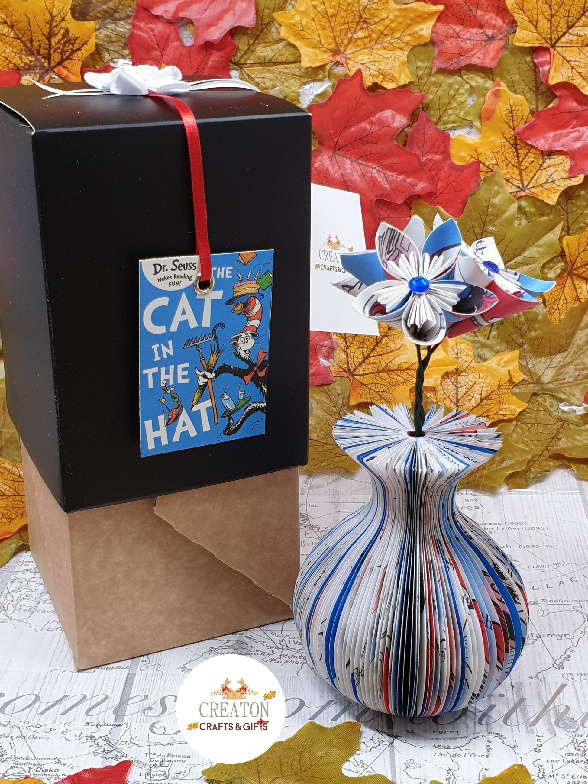 Cat in the Hat book vase with origami flowers made from book pages
