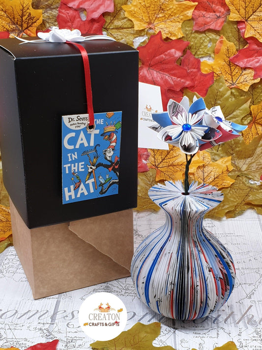 Cat in the Hat book vase with origami flowers made from book pages