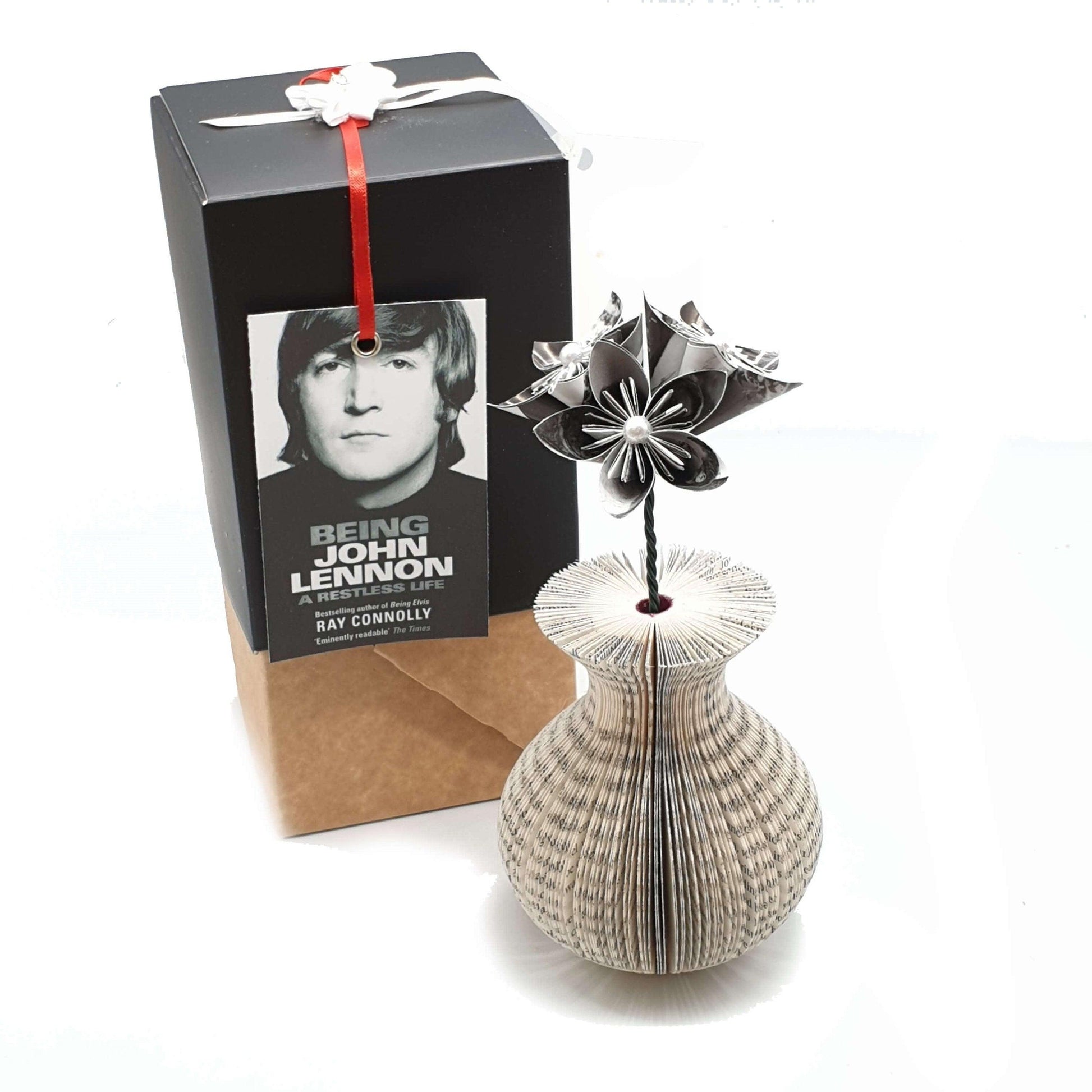 Custom book vase with origami flowers handmade from book pages