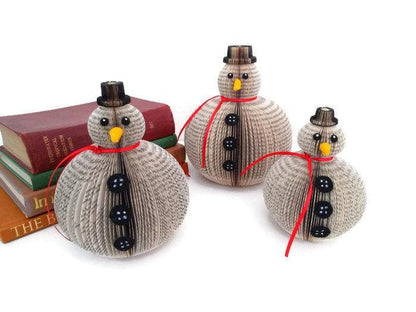 Set of 3 book page snowmen ornaments presented in luxury gift box