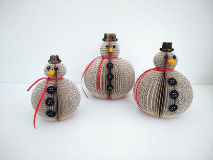 Set of 3 book page snowmen ornaments displayed as home decoration