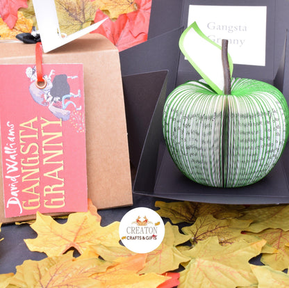 Personalised leaf with custom thank you message on David Walliams book apple