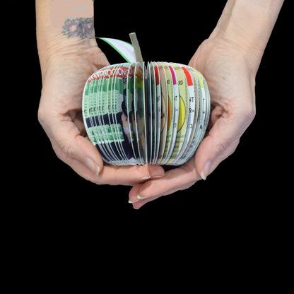 Monopoly Deal book apple held in hands to show size, handmade paper anniversary gift