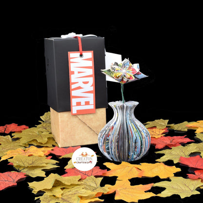 Custom Book Vase with Origami Flowers vase displayed in a home setting