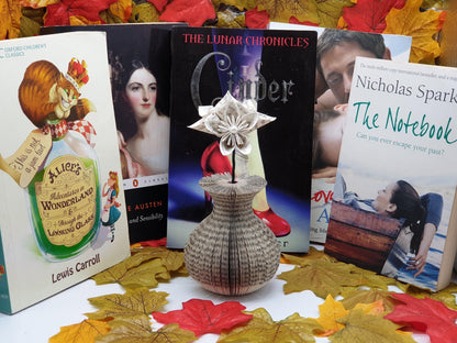 Custom Book Vase with Origami Flowers vase held in hands to show size