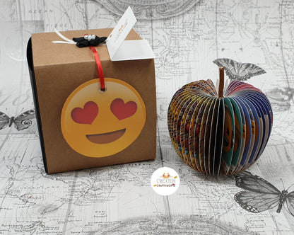 Emoji book apple held in hands to show size, handmade paper anniversary gift