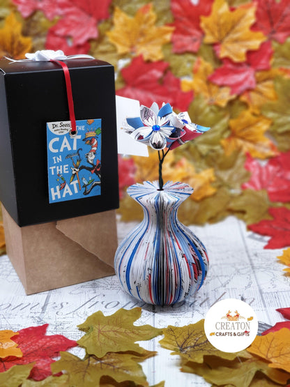 Cat in the Hat Book Vase with Origami Flowers vase displayed in a home setting