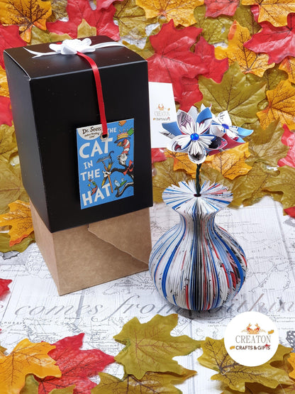 Personalised leaf or message on Cat in the Hat Book Vase with Origami Flowers vase