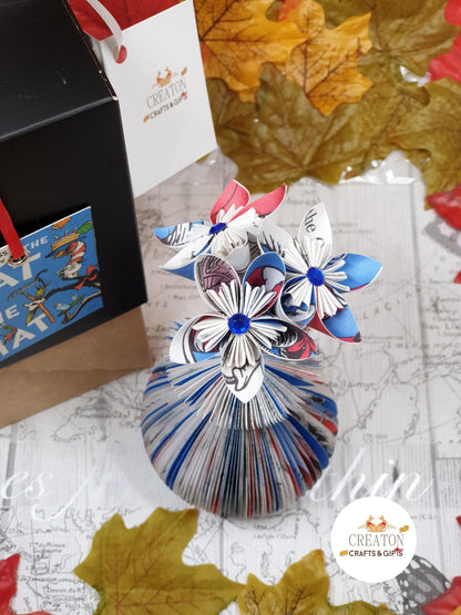Cat in the Hat Book Vase with Origami Flowers vase presented in luxury gift box ready for gifting