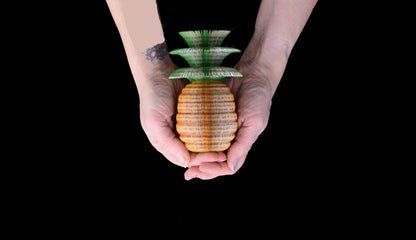 Pineapple book apple held in hands to show size, handmade paper anniversary gift