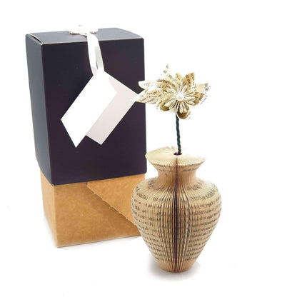 Mini Urn Vase and Flowers vase with origami flowers handmade from real book pages, unique anniversary gift