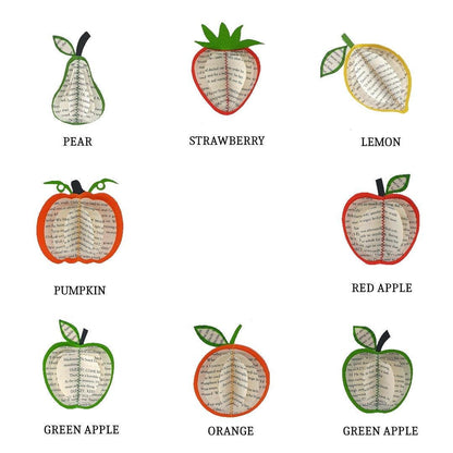 Close-up of Fruit book apple showing hand-cut book pages detail