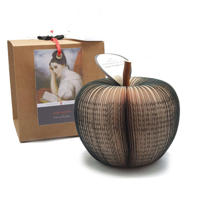 Pride and Prejudice book apple held in hands to show size, handmade paper anniversary gift