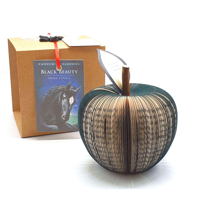 Black Beauty book apple held in hands to show size, handmade paper anniversary gift