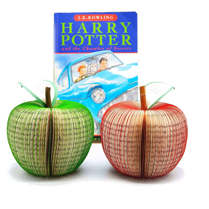Harry Potter book apple held in hands to show size, handmade paper anniversary gift