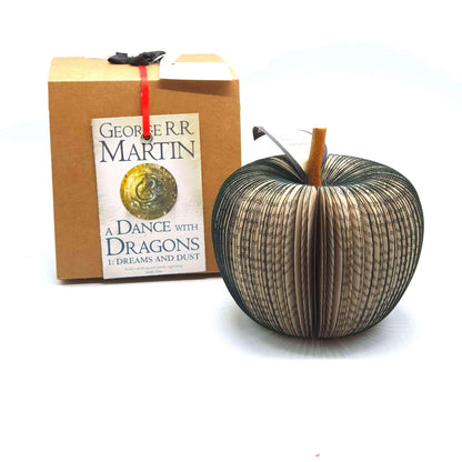 Game of Thrones book apple held in hands to show size, handmade paper anniversary gift