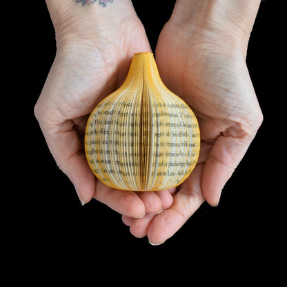 Handmade book onion held in hands to show size