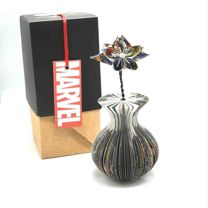 Mini Superhero Vase and Flowers vase with origami flowers handmade from real book pages, unique anniversary gift