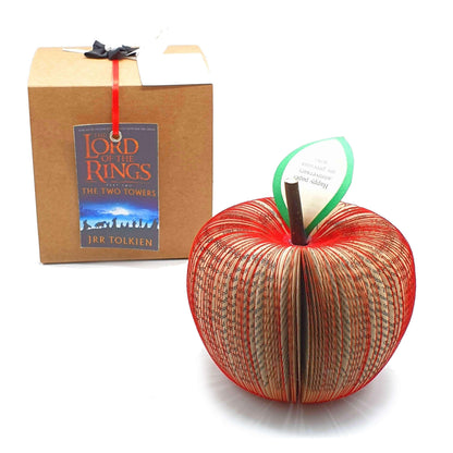 Lord of the Rings book apple held in hands to show size, handmade paper anniversary gift