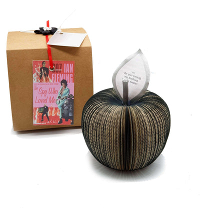 James Bond book apple held in hands to show size, handmade paper anniversary gift