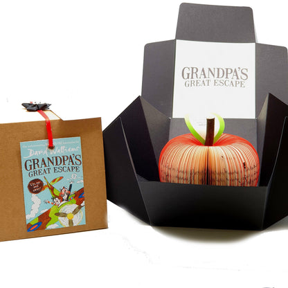 David Walliams book apple held in hands with personalised message leaf, teacher gift